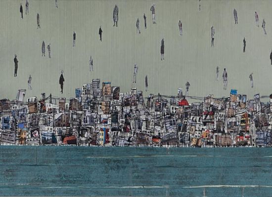 My city en hommage a magritte, Mixed Media, and Collage on Canvas, 200x100cm, 2010