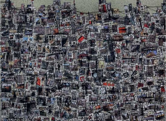 My city in April 10, Mixed Media, and Collage on Canvas, 120x120cm, 2010