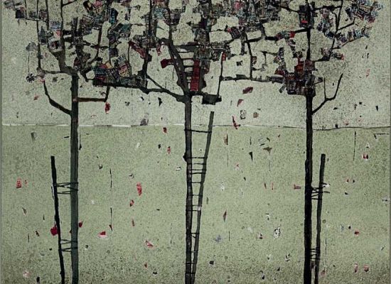 City trees en hommage a schiele, Mixed Media, and Collage on Canvas, 220x180cm, 2010