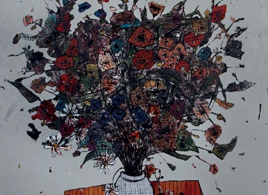 Bouquet on orange table, Mixed Media  on Canvas, 195x195cm, 2010