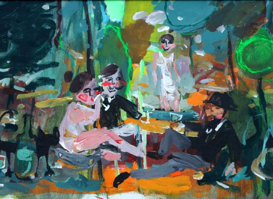 Mohammed Al mahdi - Dinner-with-cats,-Acrylic-on-canvas,-24x45cm,-2017