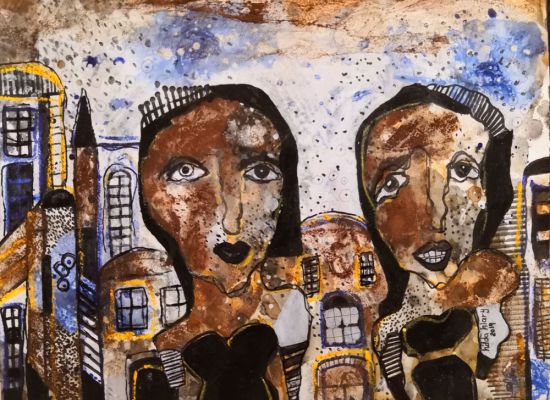 Hilda-Hiary,-Sisters,-32x41cm,-Coffee-ink-on-paper,-2019