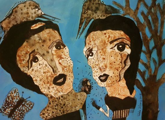 Hilda-Hiary,-dialogue,-Coffee-ink-on-paper,-32x41cm,-2019