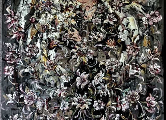 Reza Doust - Seated-Princess-with-a-Spray-of-Flowers,oil-mixed-media-on-canvas,121x91cm