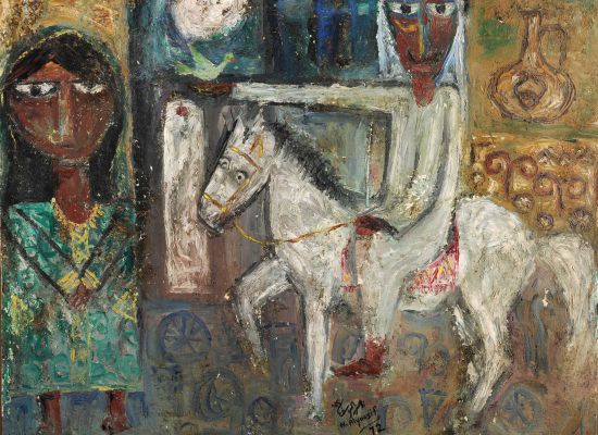Nasser AlYousif | The-Knight (Antar wa Abla) | Mixed-media and acrylic on board | 75 x 94cm | 1972