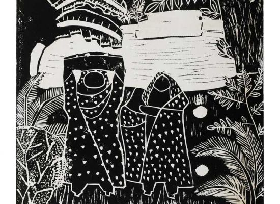 Two Village girls. 2000. Linoleum print. 37x46 cm.